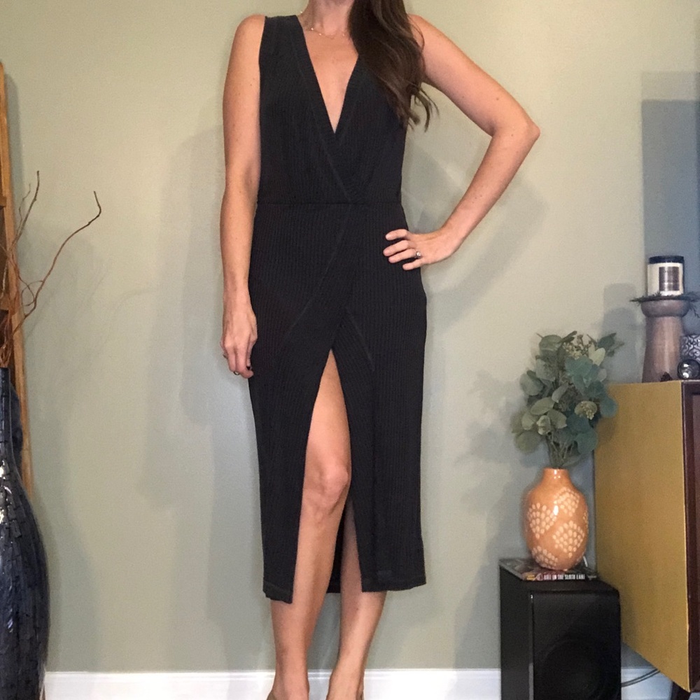 Free People Black Surplice Midi Dress | Medium